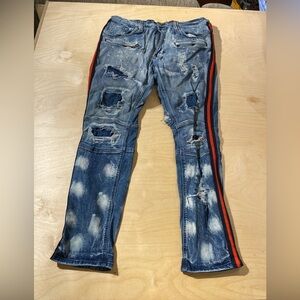 MAKOBI Distressed Blue Jeans with Red Stripe 38 x 32 (LQ)